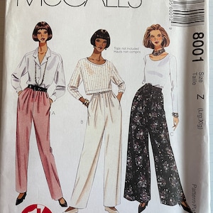 McCalls 8001 Pattern UNCUT 1 Hour Pant Waistband Pleated Pants Tapered Straight or Flared Leg High Waisted Pockets Size L XL 16 18 20 22