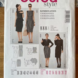May include: Burda Style sewing pattern number 7132 for a dress and jacket. The pattern includes instructions for making a dress with a skirt that can be either A-line or pencil style. The pattern also includes instructions for making a jacket with long sleeves. The pattern is available in sizes 36 to 48.
