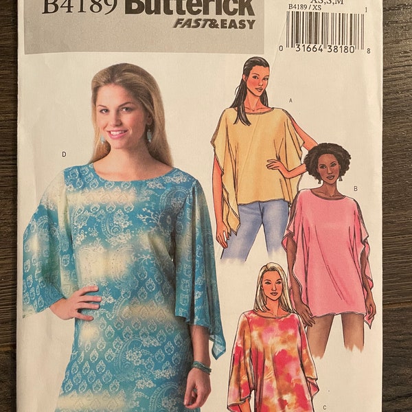 Butterick B4189 4189 Pattern UNCUT Scoop Neck Angel Sleeve Top Square Poncho Style Loose Fitting Pullover Below Hip Tunic Size XS S M VA