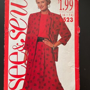 See & Sew 6523 Pattern UNCUT Vintage 1980s Shawl Collar Jacket Turn Back Cuffs Below Hip Extended Shoulder Top Skirt Size 6 8 10 12 14 TX