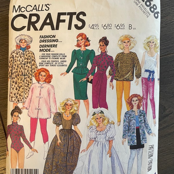 McCalls 2686 Pattern CUT Missing Facing 1980s Fashion Doll Princess Wedding Bodysuit Dress Pepluum Jacket Tank Top Pants Wrap Skirt 11.5 VA