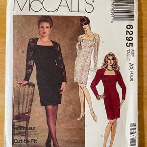 May include: A sewing pattern for a dress with a square neckline and a fitted silhouette. The pattern is for sizes 4, 6, and 8. The pattern is called McCall's 6295.