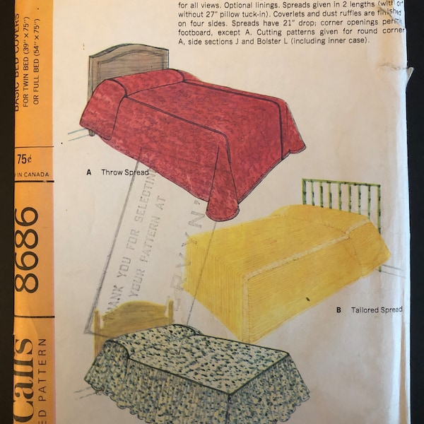 McCalls 8686 Pattern UNCUT 1960s Vintage Bed Covers Shirred Spread Wave Edge Boxed Coverlet Dust Ruffle Bolster Pillow Sham