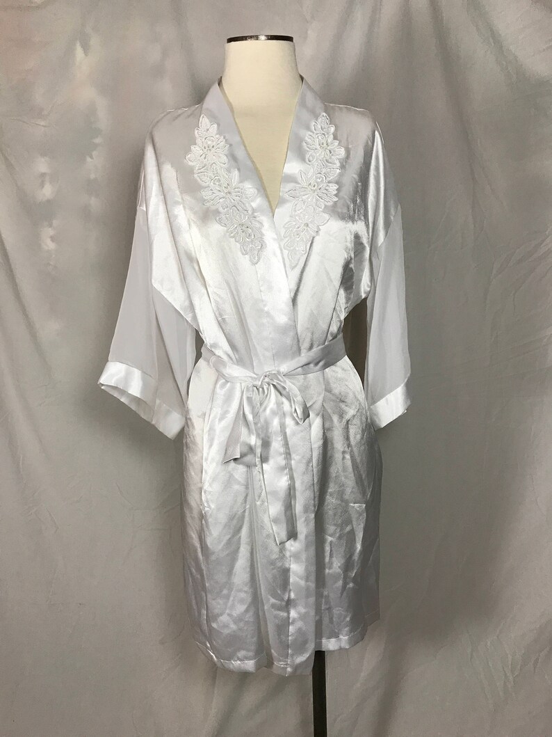 Dentelle Short White Satin Robe with Chiffon Sleeves and Etsy