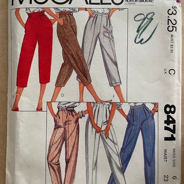 McCalls 8471 Pattern UNCUT 1980s Vintage High Waisted Tapered Pants Cropped Capris Side Pleat Detail Gathers Pockets Size 6 Waist 23"