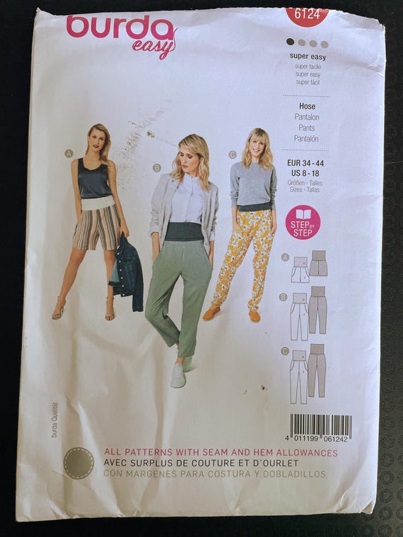 Burda 6124 Pattern UNCUT Sper Easy Step by Step Pull On Bottoms Wide Waistband Foldover Side Seam Pockets Size 8-18
