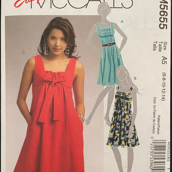 McCalls M5655 5655 Pattern UNCUT 2000s Easy Sleeveless Babydoll Raised Waist Style Dress Bow Tie Gathers Pockets Size 6 8 10 12 14 VA