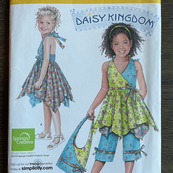 Simplicity 2431 Pattern UNCUT Daisy Kingdom Girl's Mix Match Fabric Surplice Bodice Top Dress Halter and Capris Purse Size 3 4 5 6 7 8 VA