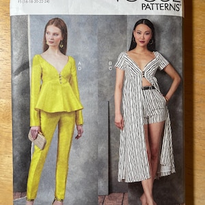 May include: Vogue Patterns sewing pattern showing two women in different outfits. One is in a yellow suit, the other in a black and white striped romper. The pattern number is V1901, and the size is F5 (16-18-20-22-24).