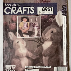 McCalls 8951 Pattern UNCUT 1980s Vintage Fun & Fancy Huggable Stuffable Bunnies Two Size Crafts Large 15.5" Small 12" Tall Plush Toys