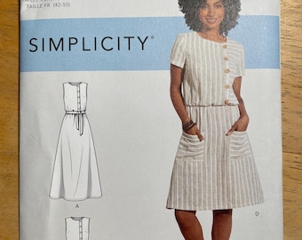 Simplicity S8914 8914 Patrón SIN CORTAR Asimétrico Botones Delanteros Sin Mangas Manga Corta Vestido Hasta la Rodilla Cinturón Maxi Blouson Talla 4-12 r 14-22 TX CA