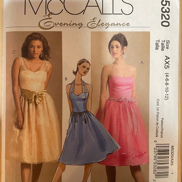 McCalls M5320 5320 Pattern UNCUT 2000s Evening Elegance Sleeveless Halter Style or Strapless Fit Flare Knee Length Dress SIze 4 6 8 10 12