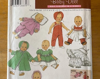 Simplicity 4707 Pattern UNCUT Retro Baby Doll Layette Dress, Coat Hat, Slip, Panties, Top, Overalls, and Pajamas Size S M L Dolls 12-22"