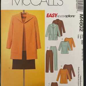 May include: Sewing pattern for a jacket, skirt, and top. The pattern is for sizes 8-10-12-14. The pattern is called McCall's M4602 Easy Endless Options.