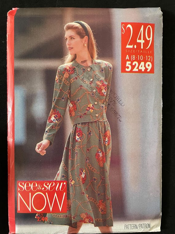 Modele non coupe 5249 vintage des annees 1990 deux pieces robe boutonnee devant col bijou haut manches longues jupe evasee longueur genou taille 8 10