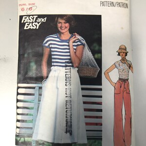 May include: Vintage Butterick sewing pattern featuring a woman in a striped top and skirt. The pattern includes the text "FAST and EASY" and the pattern number 4767. The envelope shows a dual size of 6/8.