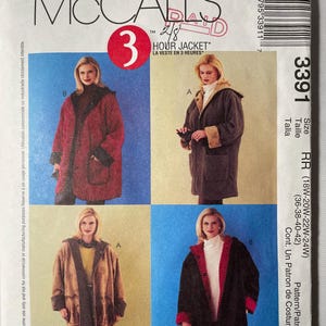 May include: A McCall's 3 Hour Jacket sewing pattern envelope, number 3391, featuring four illustrations of jackets in red, brown, and black. The pattern includes sizes 18W-24W and 36-42, with text in English, French, and Spanish on the front cover.