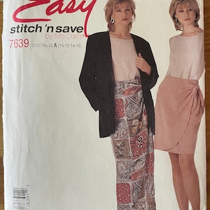 May include: A sewing pattern for a skirt, with two models wearing different versions of the skirt. The pattern is called "Easy stitch 'n save" by McCall's and the pattern number is 7639. The size range is 10-12-14-16.