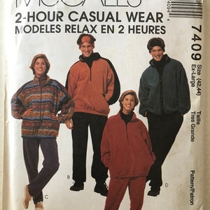 May include: A sewing pattern for a casual wear outfit. The pattern includes three different styles of tops and trousers. The pattern is for sizes 42 and 44. The pattern is called "2-Hour Casual Wear" and is from McCall's.