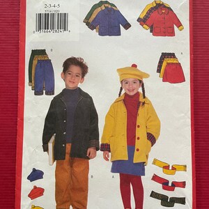 May include: A sewing pattern for children's clothing, featuring a blue jacket, yellow jacket, red skirt, and brown trousers. The pattern number is 5714 and the size is 2-3-4-5. The pattern is from Butterick.