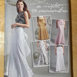May include: Simplicity sewing pattern 8597 for formal gowns. The pattern features a woman in a white skirt and black top. The text "a night to remember" is displayed. Includes size U.S. 16W-26W.