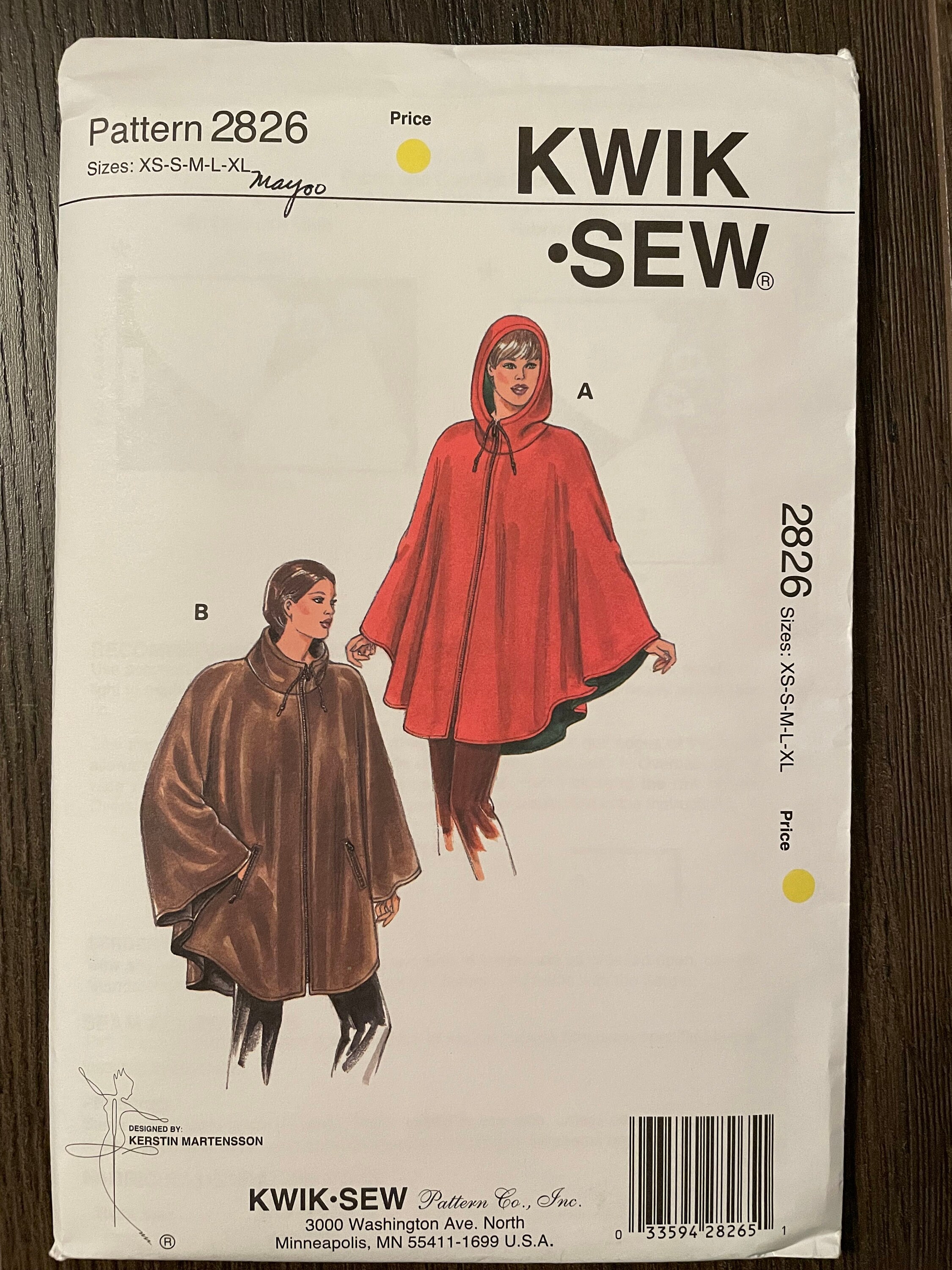 Kwik Sew 2826 Pattern UNCUT 1990s Vintage Poncho Zipper Kwik Sew 2826 Pattern UNCUT 1990s Vintage Poncho Zipper