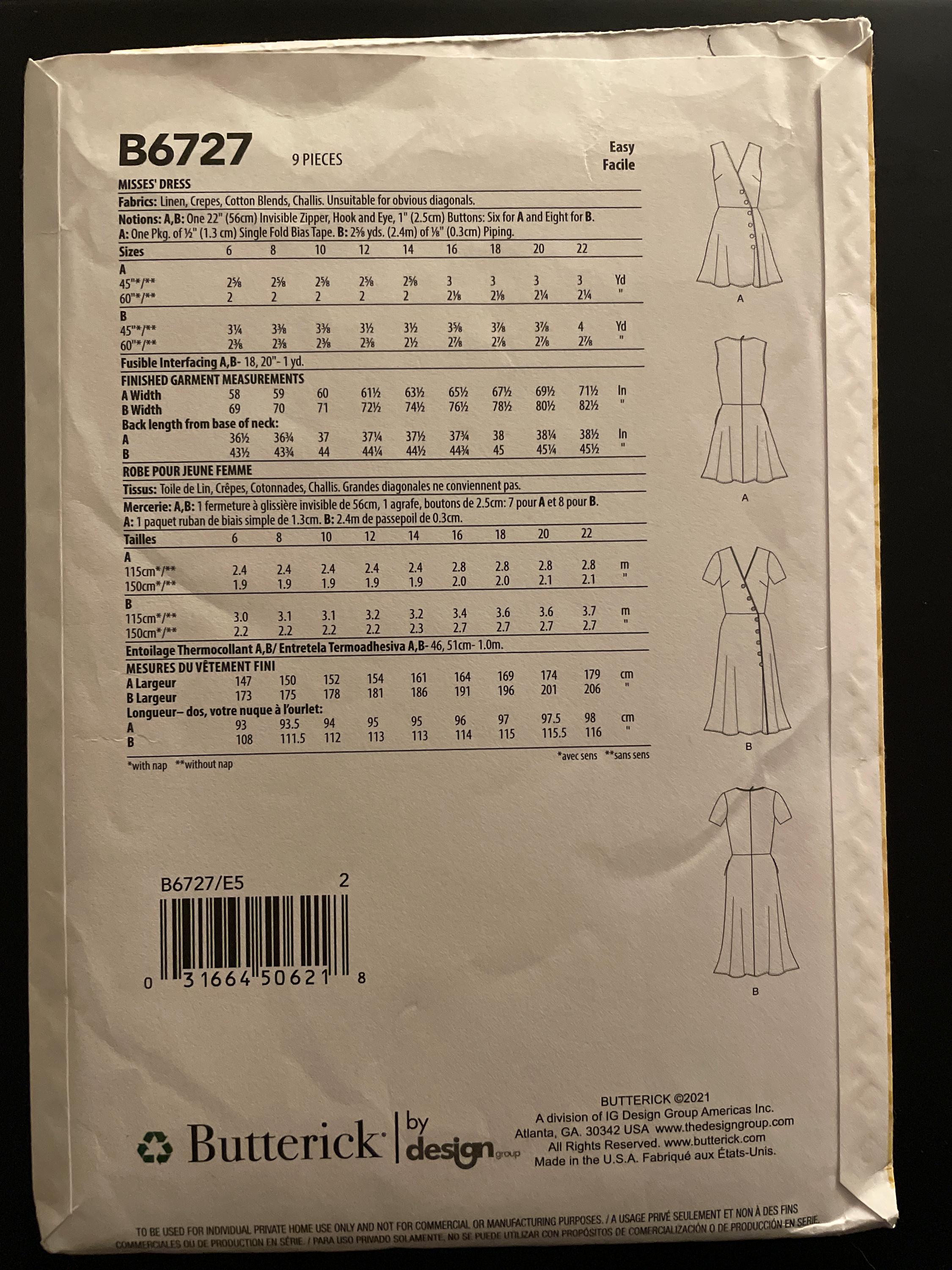 Simplicity 6727 Pattern Butterick B6727 6727 Pattern UNCUT Easy Mock Button Dress Sleeveless ...