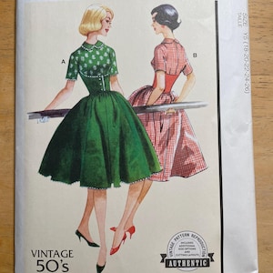 May include: A vintage McCall's sewing pattern with illustrations of two women in 1950s dresses. The pattern includes additional size options and cutting layouts. The cover displays the McCall's logo and the text "VINTAGE 50'S". Designed and printed in the USA.