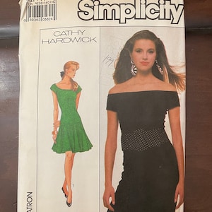 Simplicity 8675 Pattern UNCUT 1980s Vintage Cathy Harkwick Scoop Off Shoulder Fitted Bodice Dress Drop Waist Straight Flared Size 10 12 14
