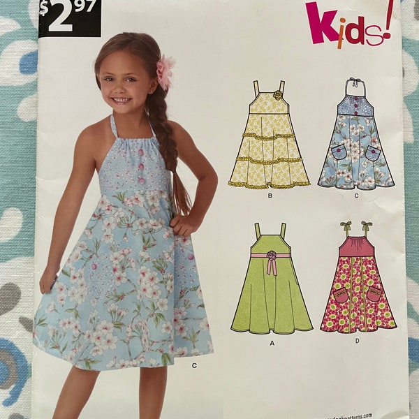 New Look A6204 6204 Pattern UNCUT Kids Girl's Easy Sew Sleeveless or Halter Neckline Fit Flare Sundress Dress Knee Length Size 3 4 5 6 7 8