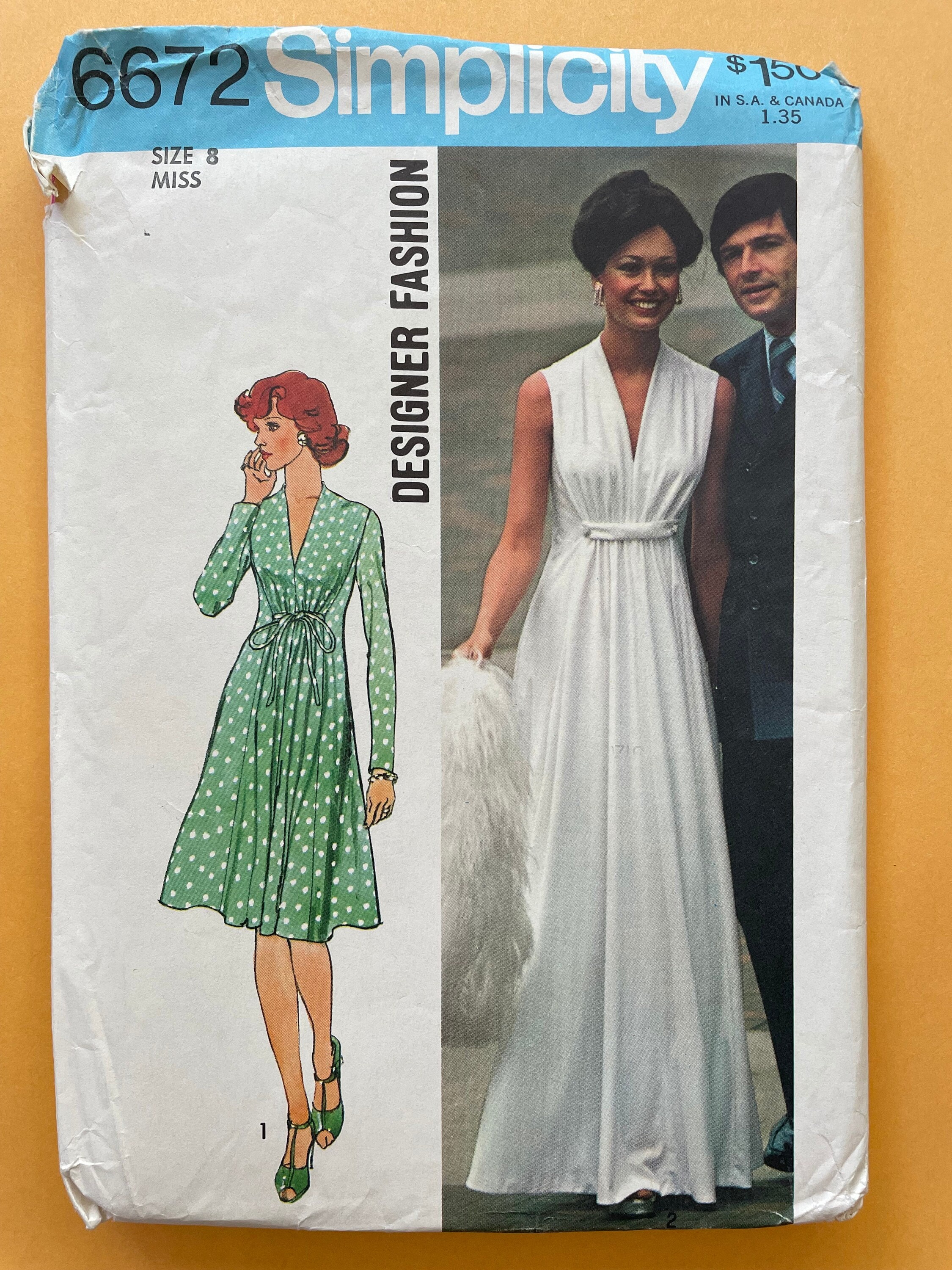 Simplicity 6672 Pattern 1970s Designer Greek Goddess Gathered Empire Waist V Swan Neck Flared Dress Midi Maxi Size 8 12 16 UNCUT or 10 CUT