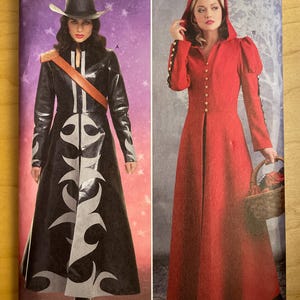 May include: Simplicity sewing pattern featuring two costume designs. One design is a black, long coat with white accents and a cowboy hat. The other is a red hooded coat with gold buttons. The pattern includes sizing information.
