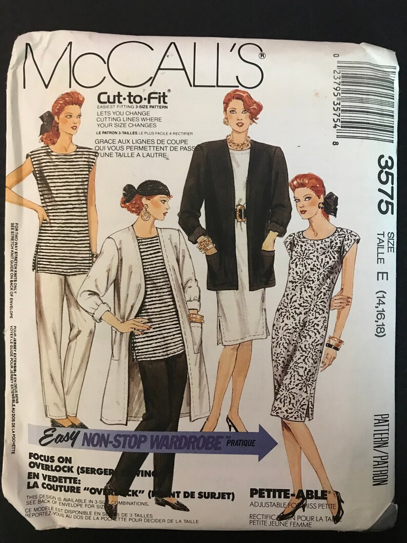 McCalls 3575 Pattern UNCUT 1980s Easy Non-Stop Wardrobe Cap Sleeve Top or Sheath Dress and Open Front Jacket Pockets Pants Size 14 16 18 image 1