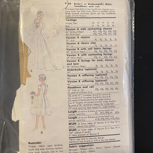May include: A vintage Vogue sewing pattern for a bride's or bridesmaid's dress, headdress, and veil. The pattern includes instructions for different sleeve styles, fabric suggestions, and yardage requirements. The pattern is for sizes 10-18.