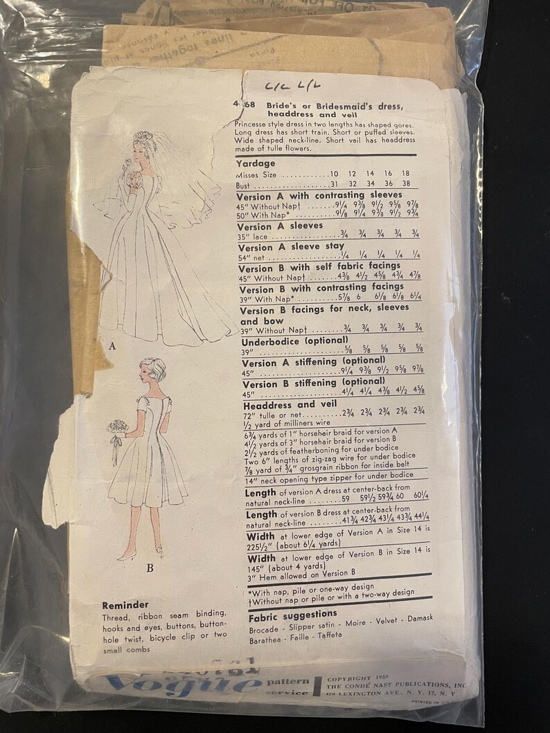 May include: A vintage Vogue sewing pattern for a bride's or bridesmaid's dress, headdress, and veil. The pattern includes instructions for different sleeve styles, fabric suggestions, and yardage requirements. The pattern is for sizes 10-18.