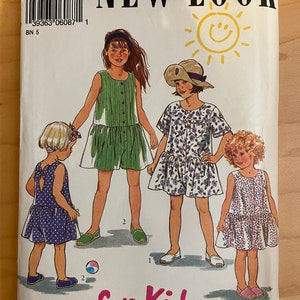 New Look 6087 Pattern UNCUT Vintage 1990s Girl&#39;s For Kids Dropped Waist Button Front Dress or Romper in Knee Length Size 3 4 5 6 7 8