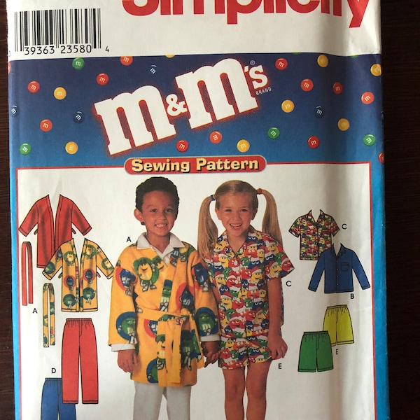 Simplicity 0627 8988 Pattern UNCUT Vintage 1990s M&Ms Kids Loungewear Pajama set Button Front Top Pants Shorts Bathrobe Size 3 4 5 6 7 8