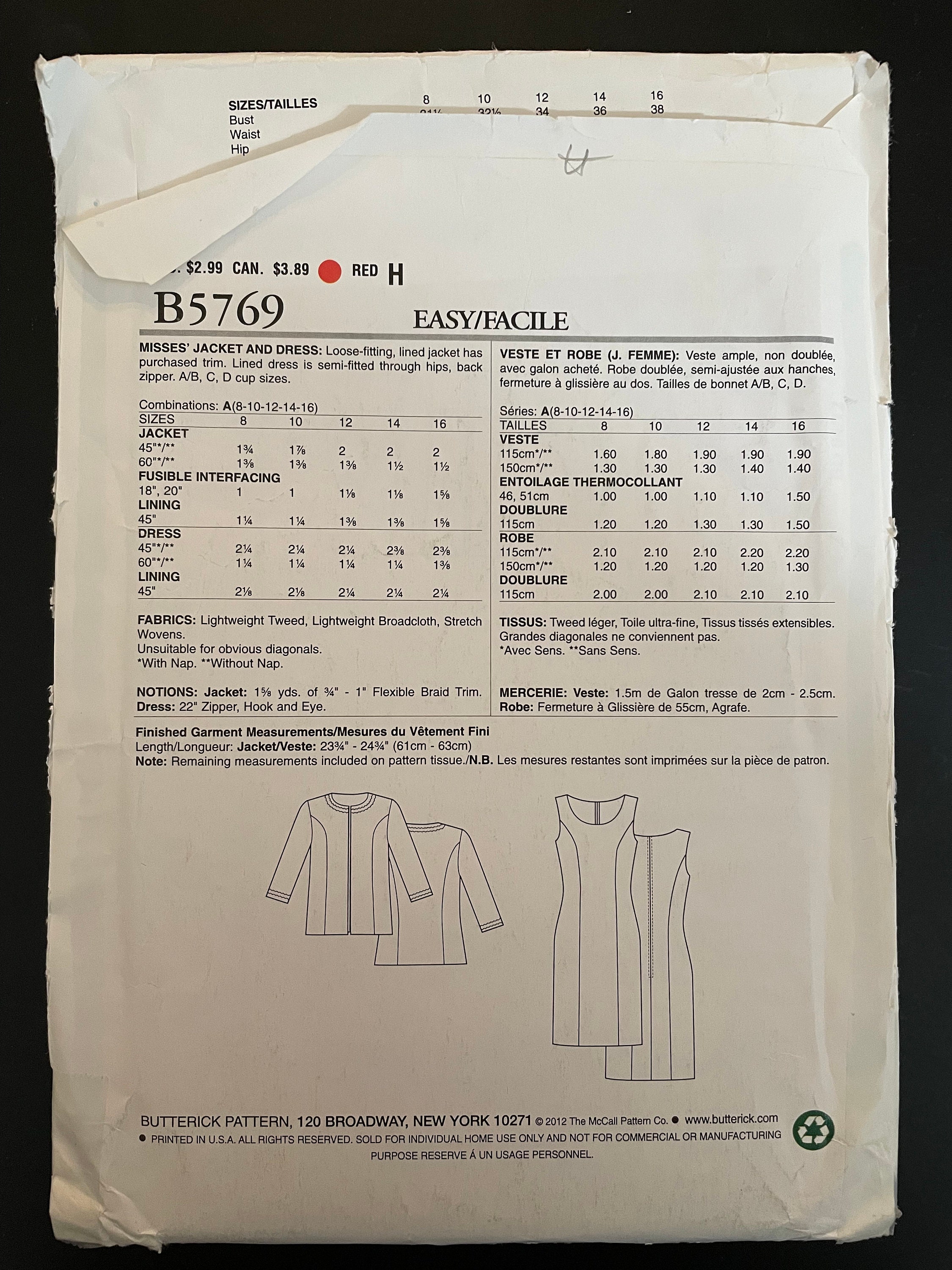 See & Sew B5769 5769 Pattern UNCUT Easy Loose Fitting Sheath