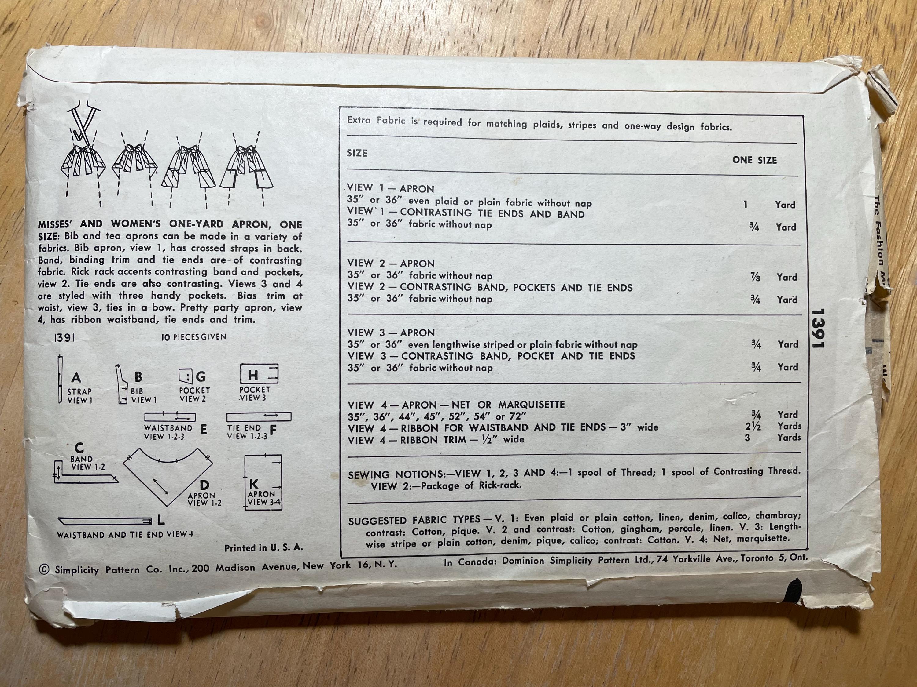 Simplicity 1391 Pattern CUT Complete Vintage 1950s One Yard Half Tea ...