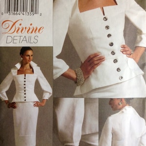 May include: White suit pattern featuring a square neckline, button details, and a pencil skirt. The pattern includes the text "Divine DETAILS" and "VOGUE". The size range is EE (14-16-18-20).