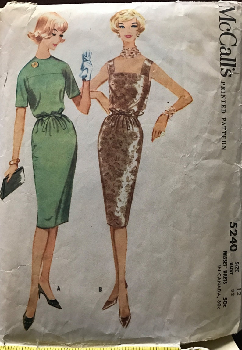 McCalls 5240 Pattern CUT Complete 1950s Day or Evening Dress Blouson Bodice Yoke or Square Neck Three Gore Wiggle Skirt Size 12 Bust 32 image 1