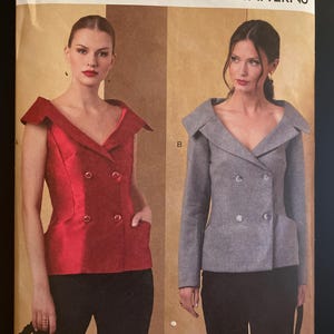 May include: Vogue Patterns R12220 sewing pattern featuring two jacket designs. One is a sleeveless red top with a double-breasted closure and pockets. The other is a gray long-sleeved jacket with a similar design. The pattern size is Y5 (18-20-22-24-26).