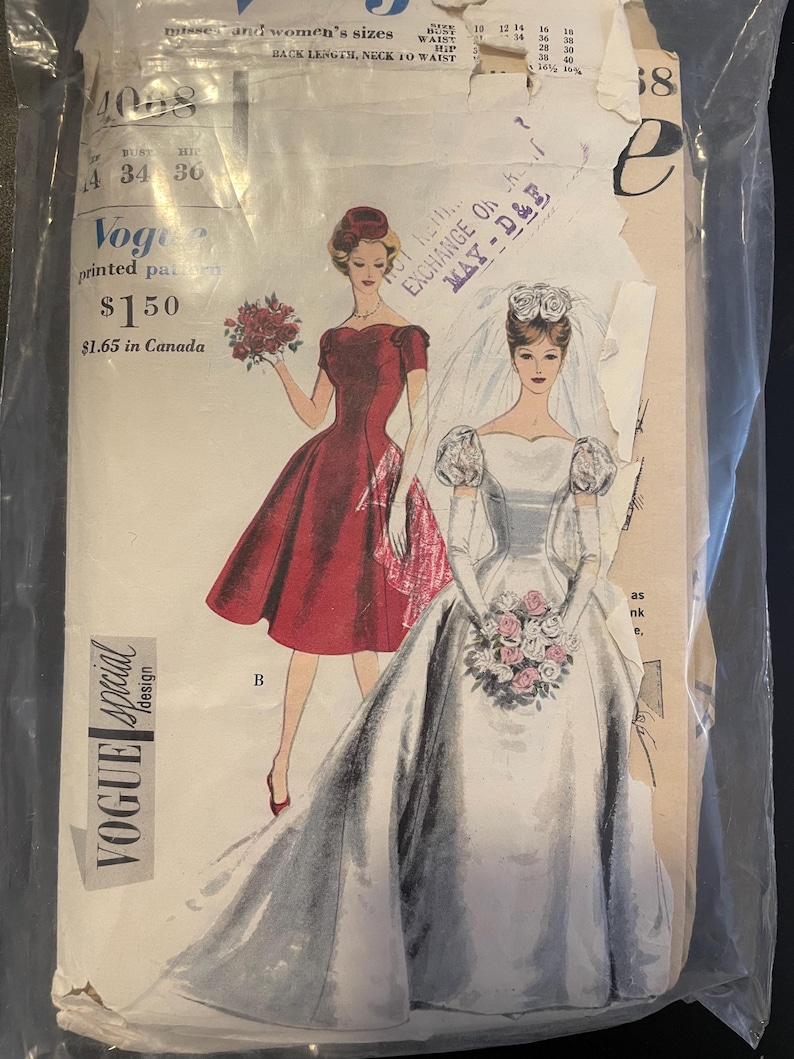May include: Vintage Vogue sewing pattern for a wedding dress and a red dress. The pattern is for sizes 10 to 18 and includes instructions for making both dresses. The pattern is in a plastic bag and has a price tag of $1.50.