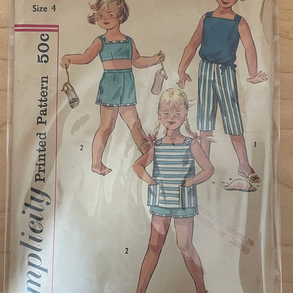 Simplicity 2095 Pattern CUT MISSING Pants 1950s Vintage Toddler Girl's Sleeveless Blouse Cropped Top Pockets Contrast Trim Size 4 Breast 23"