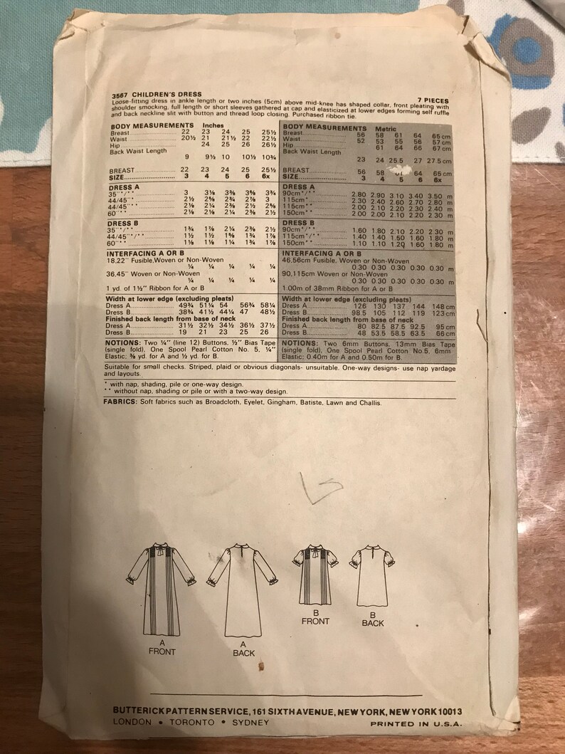 Butterick 3567 Pattern UNCUT 1980s Vintage Little Girl/'s Mini or Maxi Length Dress with Tucks and Peter Pan Collar Size 6x Breast 25.5