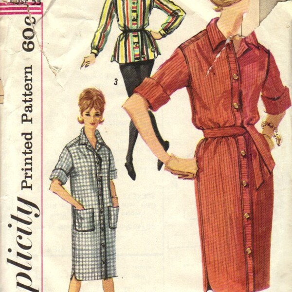 Simplicity 4053 Pattern CUT Complete - 1960s Button Front Shirtdress, Coat Dress, Duster and Tunic Top with Belt Option - Size 13