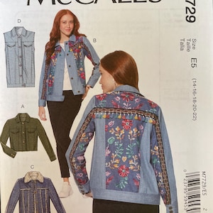 May include: McCall's sewing pattern M7729 featuring a denim jacket with floral embroidery. The pattern includes views of a vest, a green jacket, and a jacket with a faux fur collar. Size E5 (14-16-18-20-22).