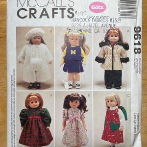 May include: A sewing pattern for making doll clothes. The pattern includes instructions for making a white coat, a blue and yellow cheerleader outfit, a brown coat, a plaid dress, a floral dress, and a red dress with a green heart.