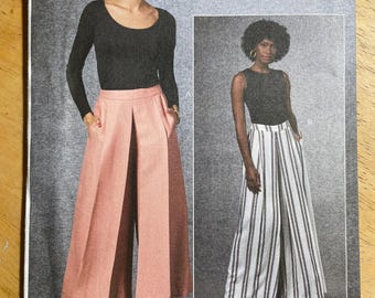 Vogue V1685 1685 motif non coupé ceinture pantalon à plis sur le devant jambe évasée courte cheville longueur de soirée poches tailles 6-14 OU 14-22