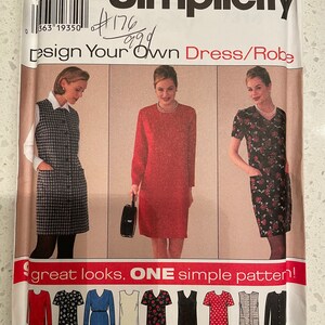 May include: Simplicity sewing pattern #176 for a dress or robe. The pattern includes instructions for making a variety of styles, including a plaid dress, a red dress, and a floral dress. The pattern is for sizes 14, 16, and 18.